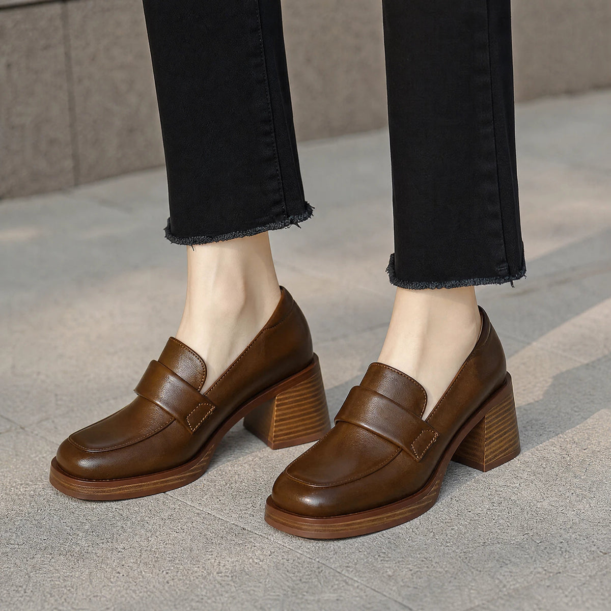 Women's block heel loafers with thick sole in Black, top view Image