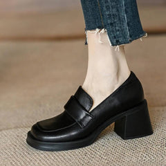Women's Block Heel Loafers with Thick Sole, Black