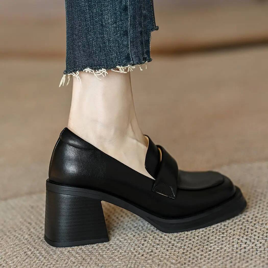 Women's block heel loafers with thick sole in Brown, pair view