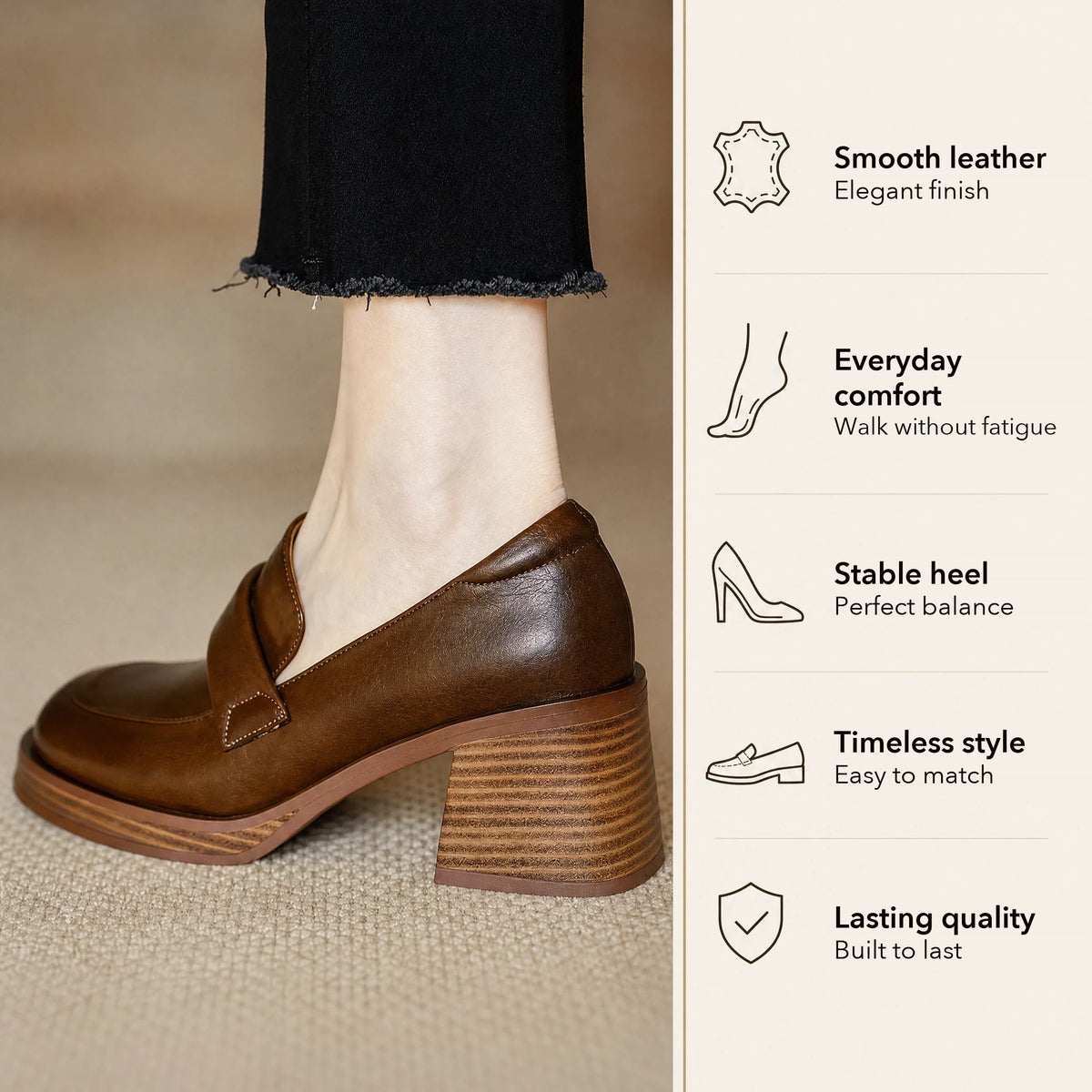 Women's block heel loafers with thick sole in Brown, sole view