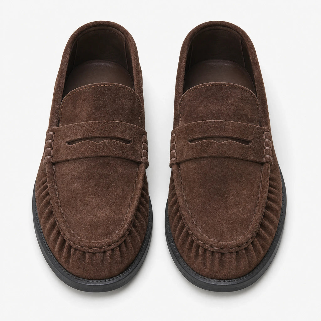 Women's brown faux suede loafers with pleated stitching, view 1