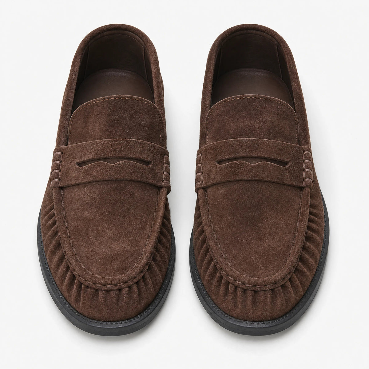 Women's brown faux suede loafers with pleated stitching, view 1 Image