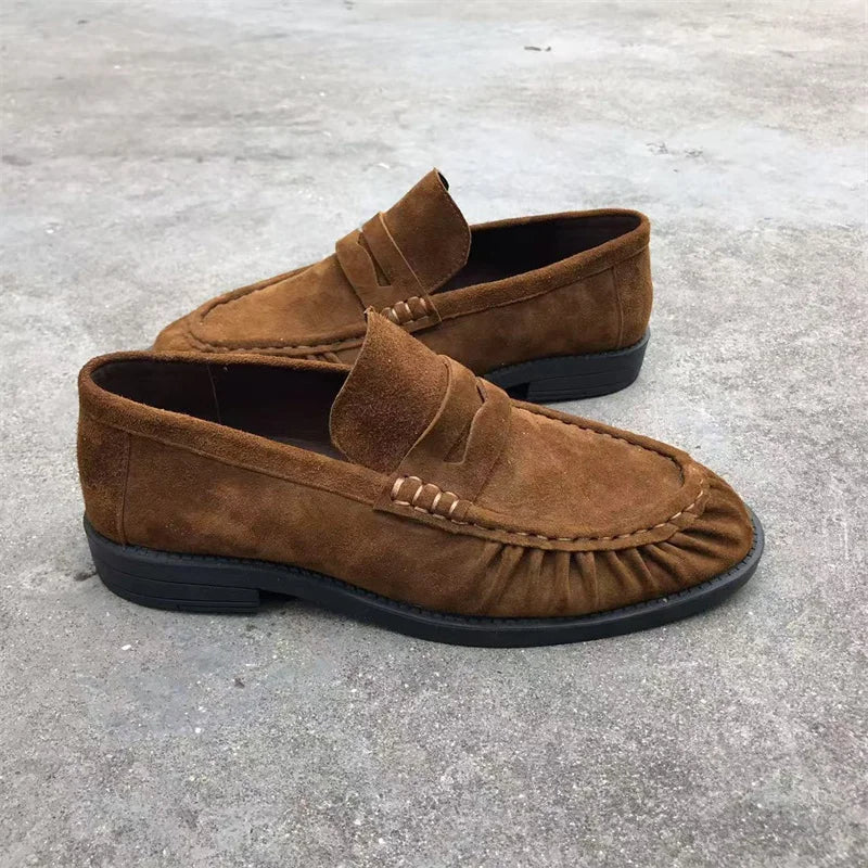 Women's brown faux suede loafers with pleated stitching, view 2