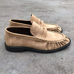 Women's Brown Faux Suede Loafers with Pleated Stitching, Beige