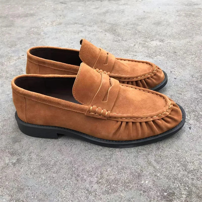 Women's brown faux suede loafers with pleated stitching, view 4