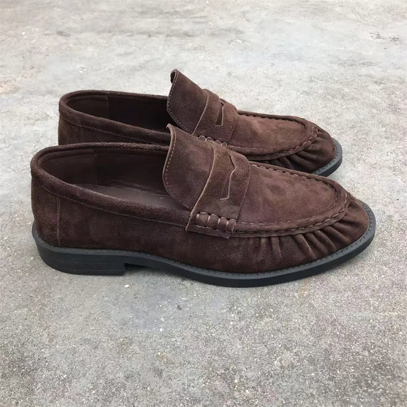 Women's brown faux suede loafers with pleated stitching, view 6