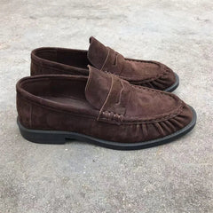 Women's Brown Faux Suede Loafers with Pleated Stitching, Chocolate