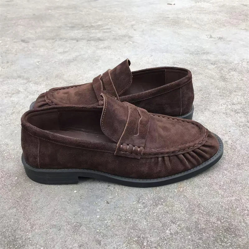 Women's brown faux suede loafers with pleated stitching, view 7