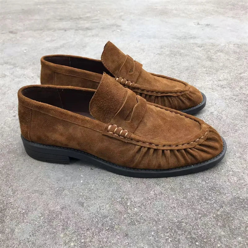 Women's brown faux suede loafers with pleated stitching, view 8