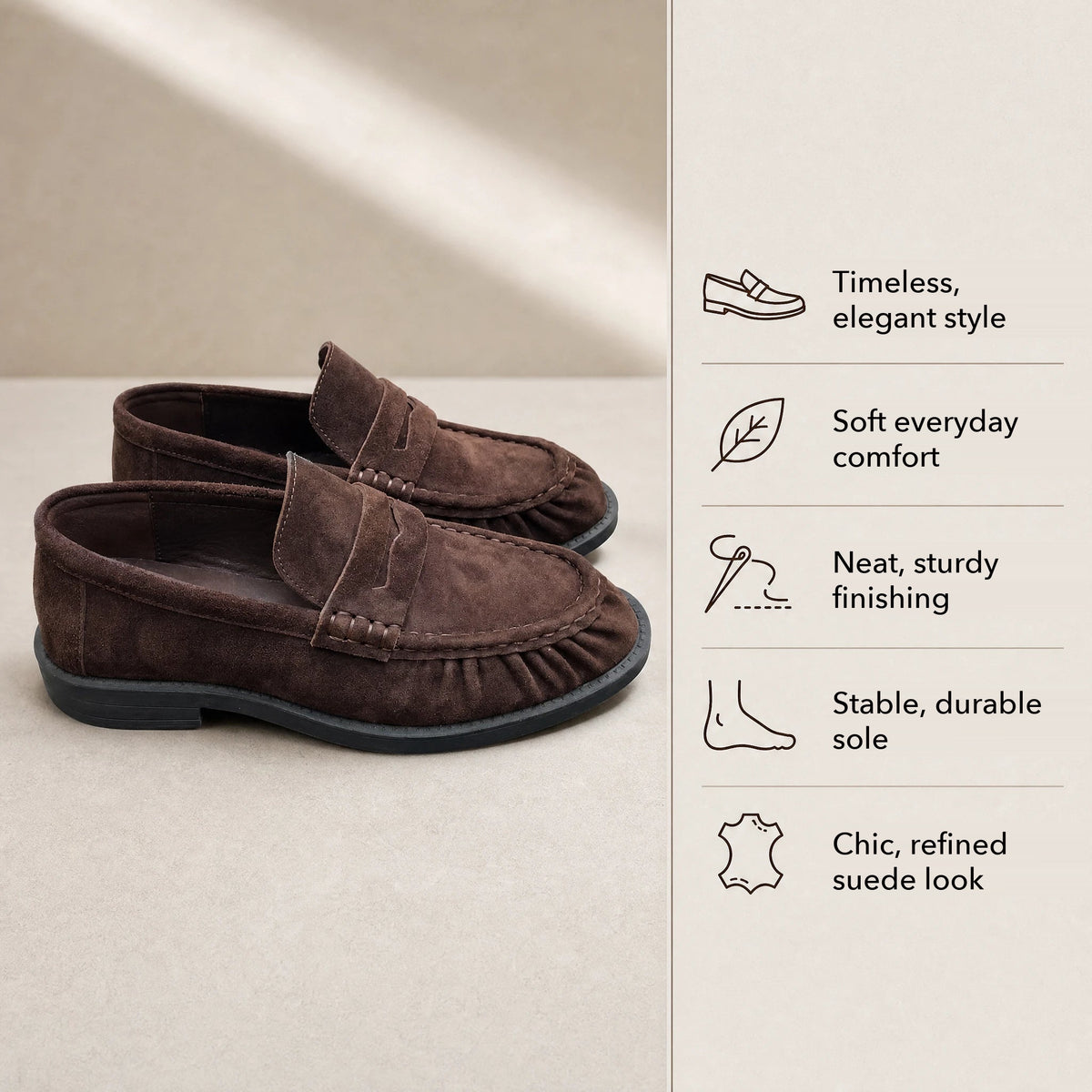 Women's brown faux suede loafers with pleated stitching, view 5