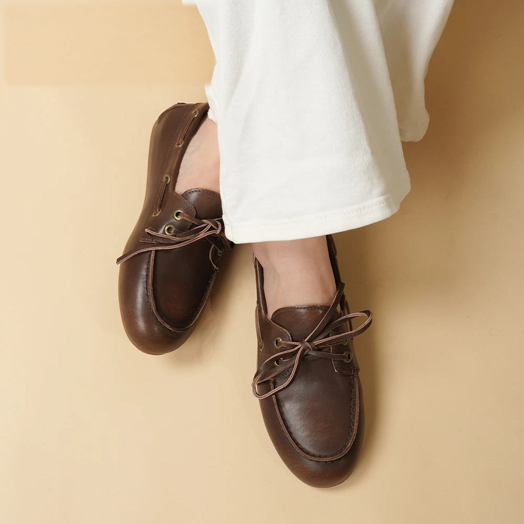 Women's brown split leather lace-up boat loafers, view 1