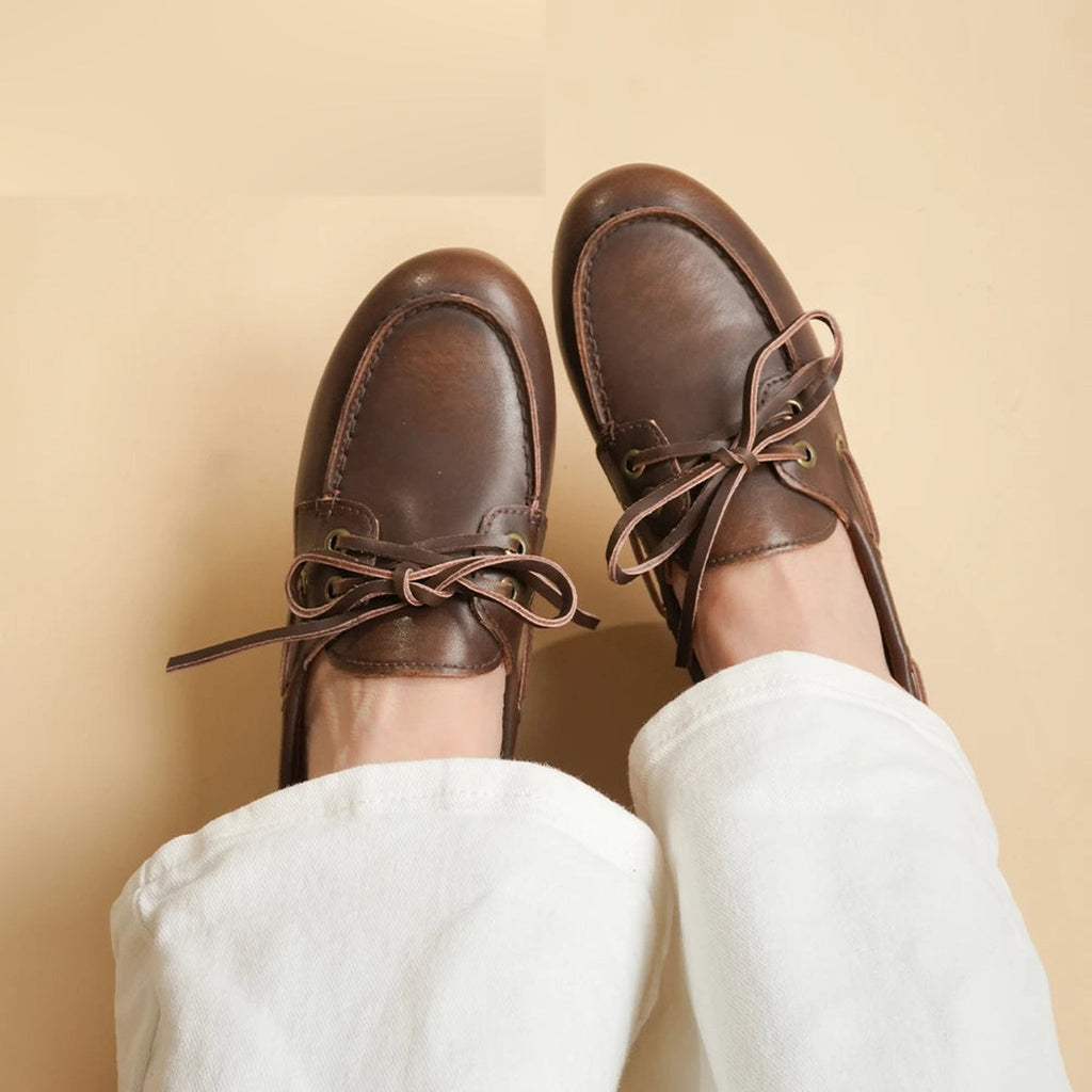 Women's brown split leather lace-up boat loafers, view 2
