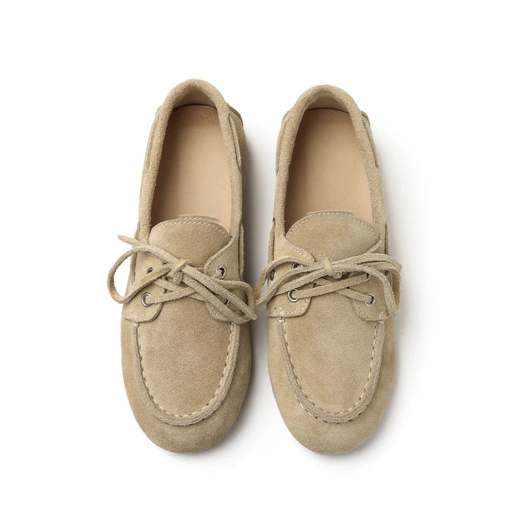 Women's brown split leather lace-up boat loafers, view 3
