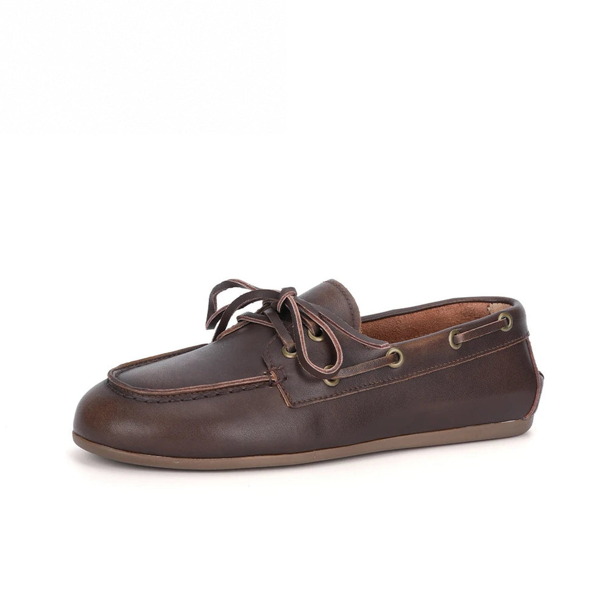 Women's brown split leather lace-up boat loafers, view 4