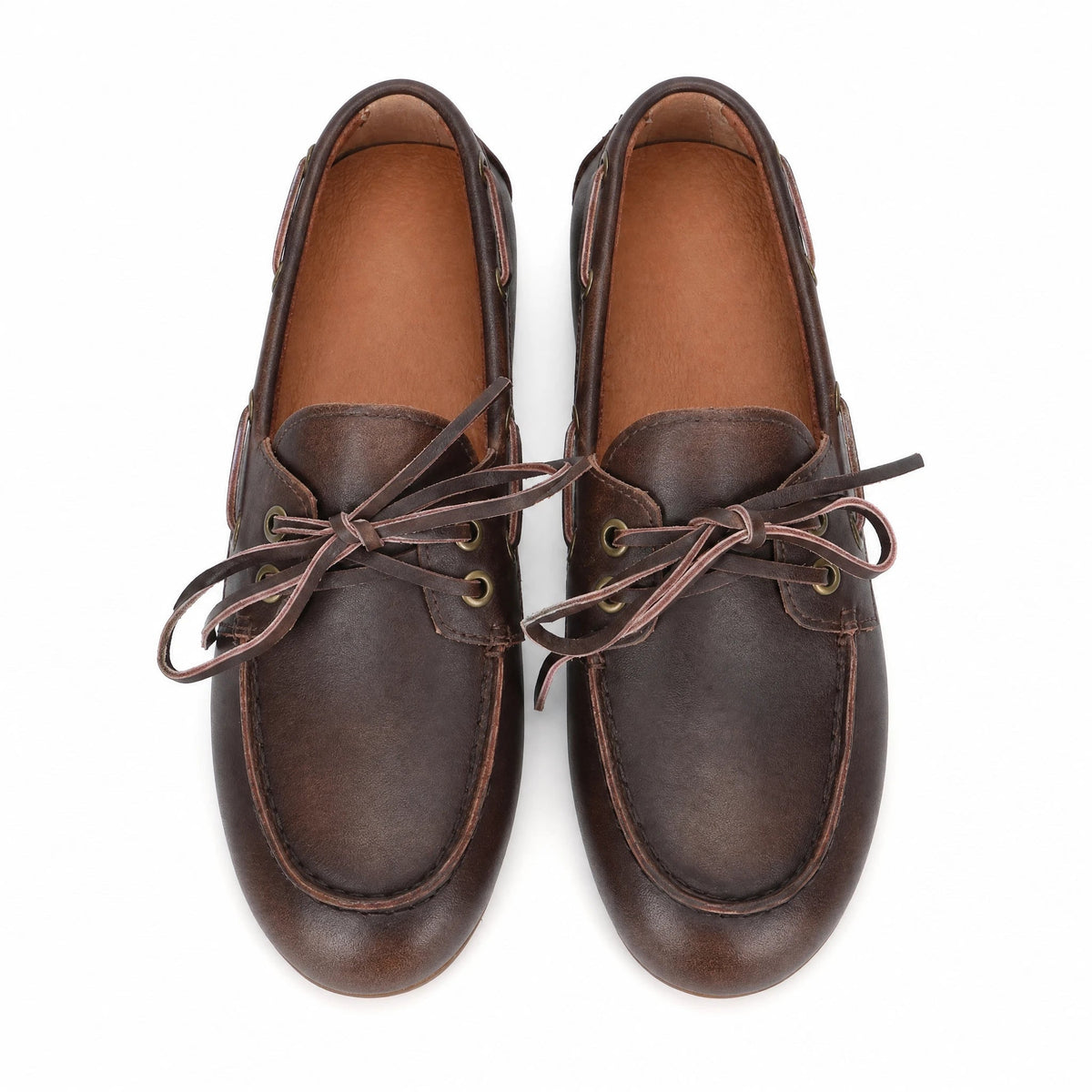 Women's brown split leather lace-up boat loafers, view 5