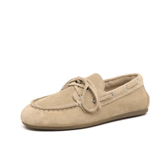 Women's Brown Split Leather Lace-Up Boat Loafers, Beige