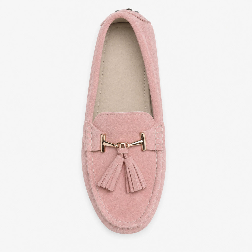 Women's leather tassel loafer with gold bit, fuchsia front view