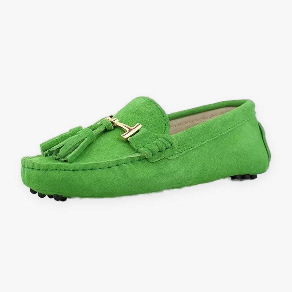 Women's leather tassel loafer with gold bit, pink three-quarter view
