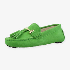 Women's Leather Tassel Loafer with Gold Bit, Green