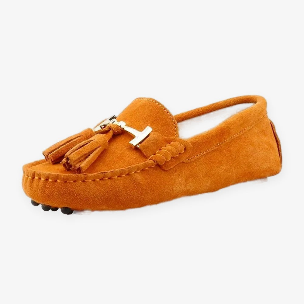 Women's leather tassel loafer with gold bit, lilac lifestyle shot