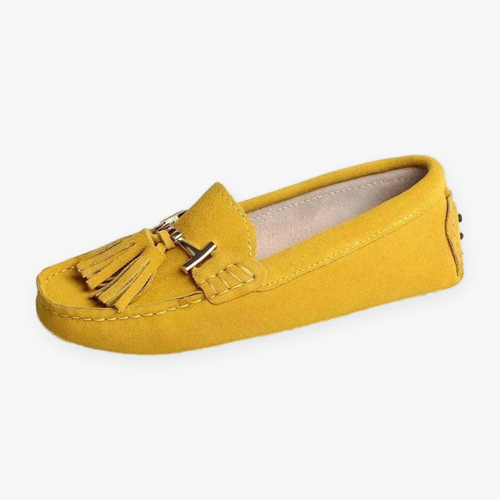 Women's leather tassel loafer with gold bit, purple pair side by side