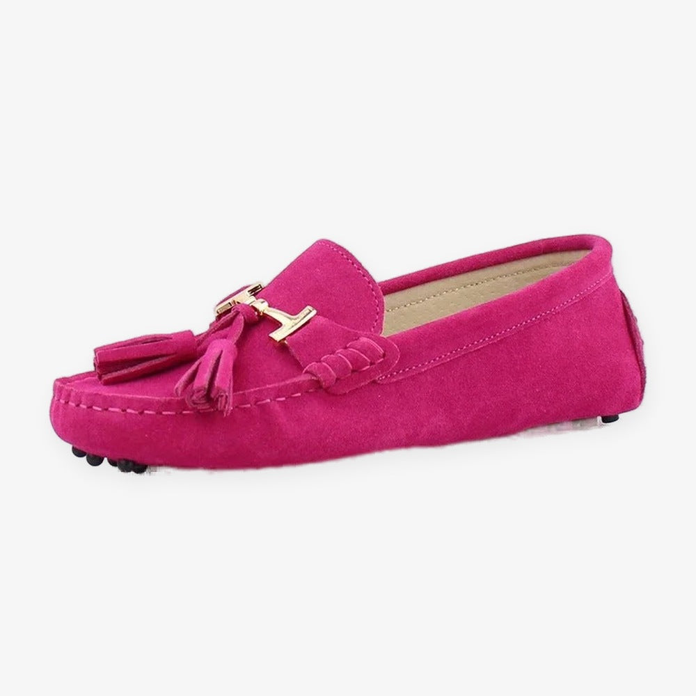 Women's leather tassel loafer with gold bit, turquoise heel detail