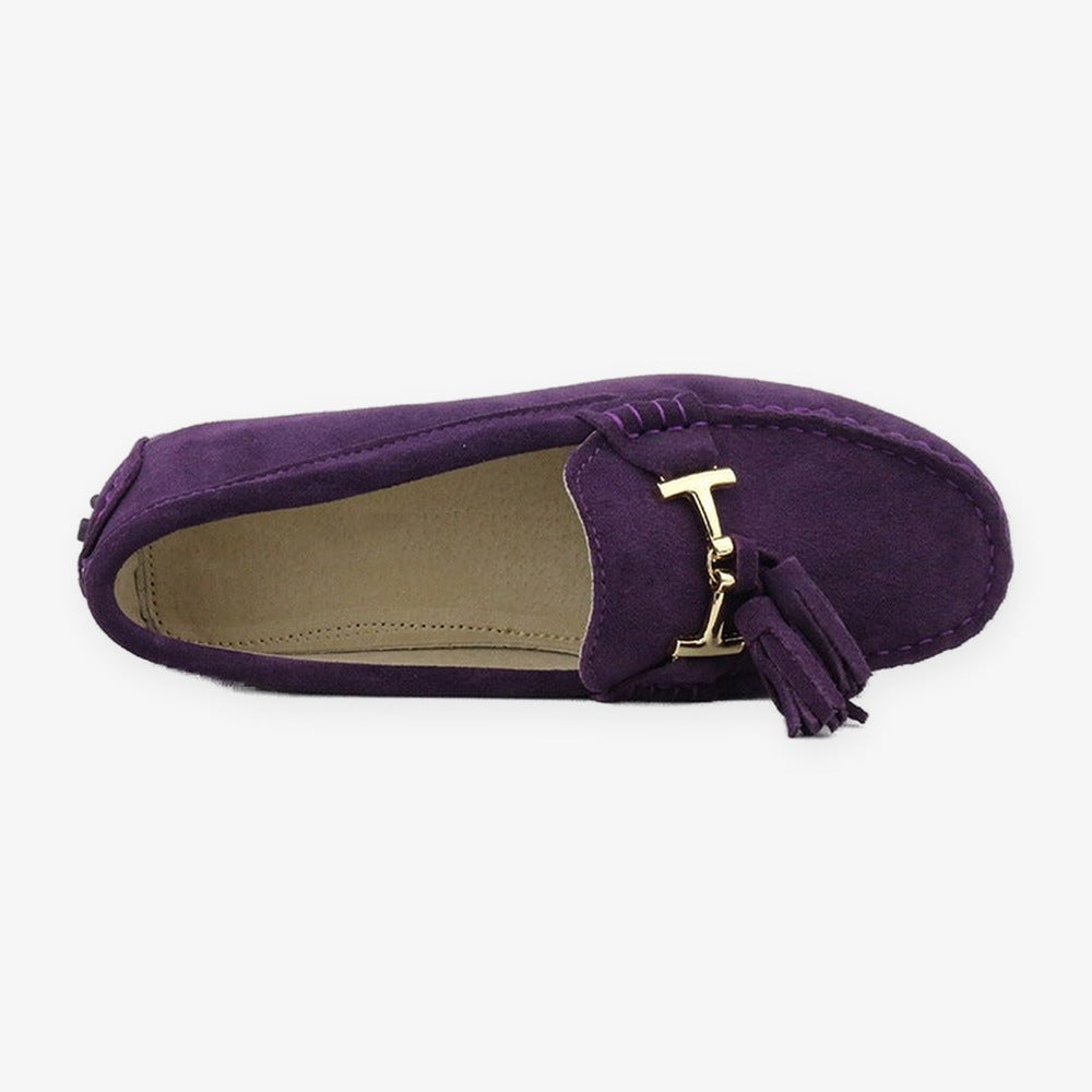 Women's leather tassel loafer with gold bit, pink detail of the finish