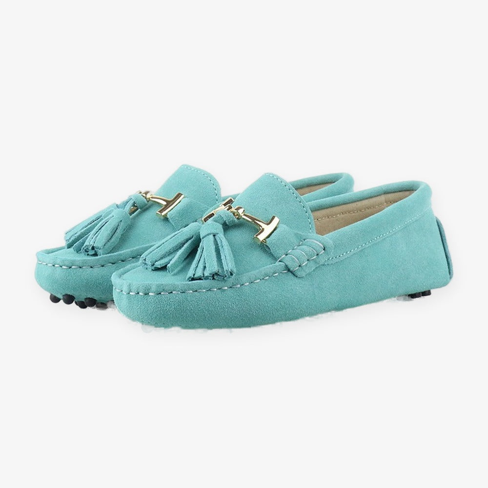 Women's leather tassel loafer with gold bit, lilac angled view