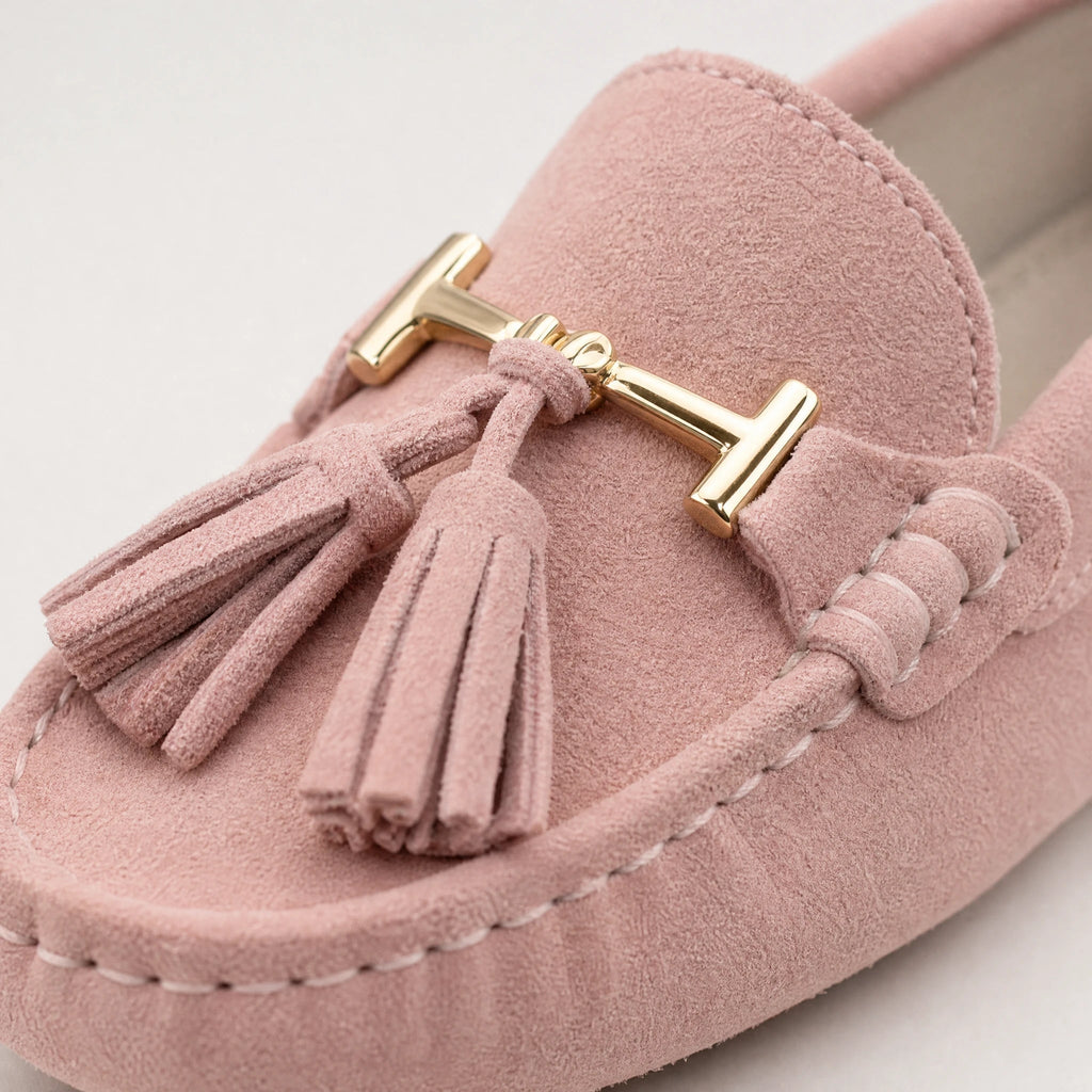 Women's leather tassel loafer with gold bit, pink side view