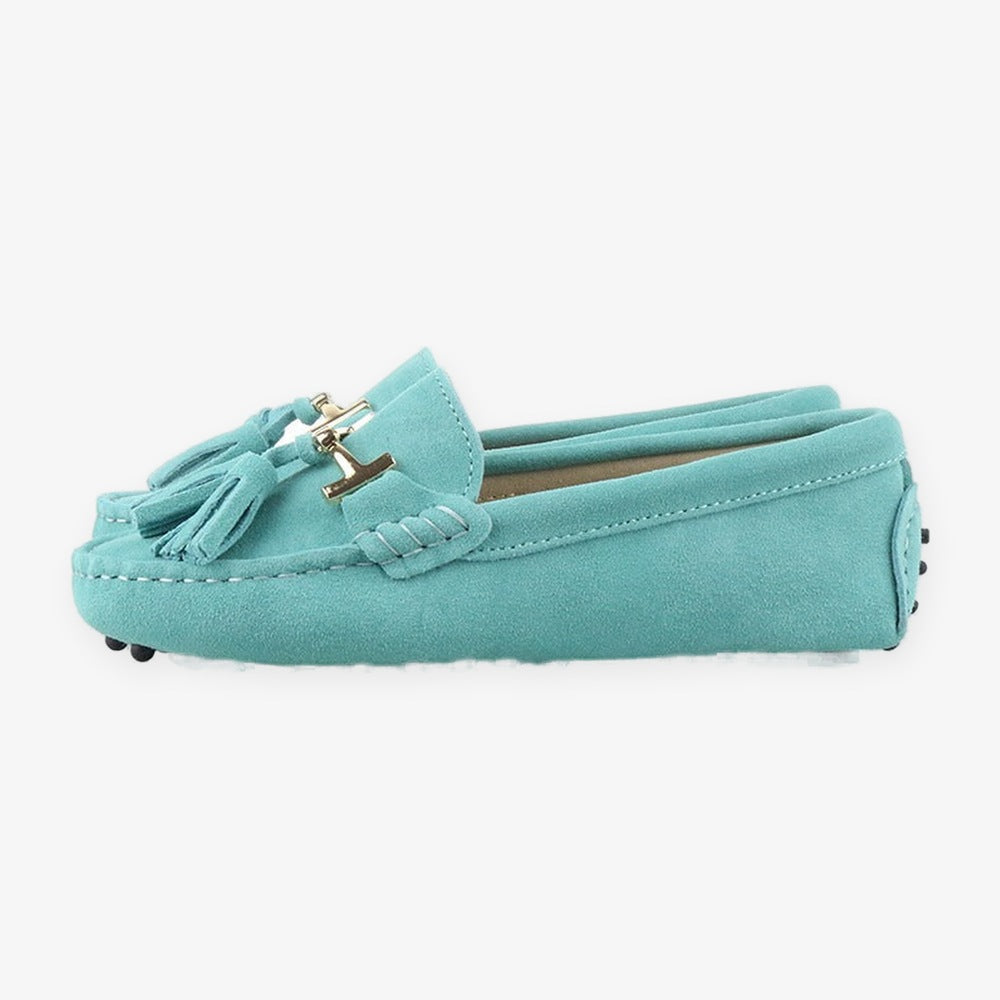 Women's leather tassel loafer with gold bit, purple product on white background