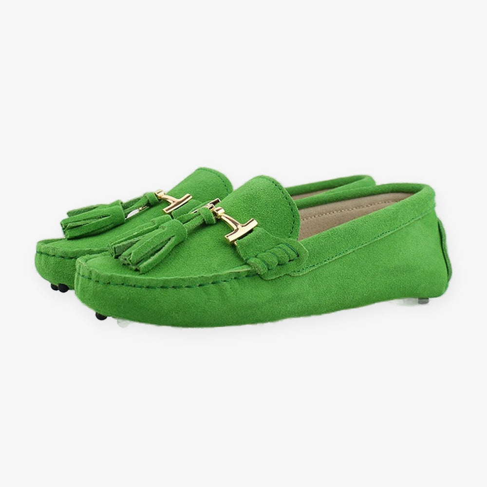 Women's leather tassel loafer with gold bit, turquoise on-foot close-up