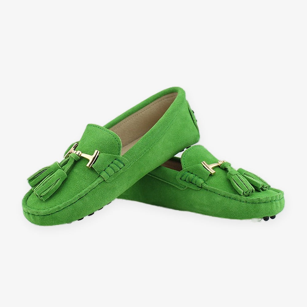 Women's leather tassel loafer with gold bit, green sole profile