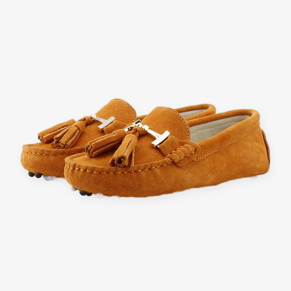 Women's leather tassel loafer with gold bit, orange stitching detail
