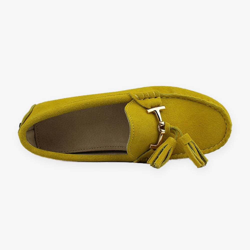 Women's leather tassel loafer with gold bit, yellow full pair