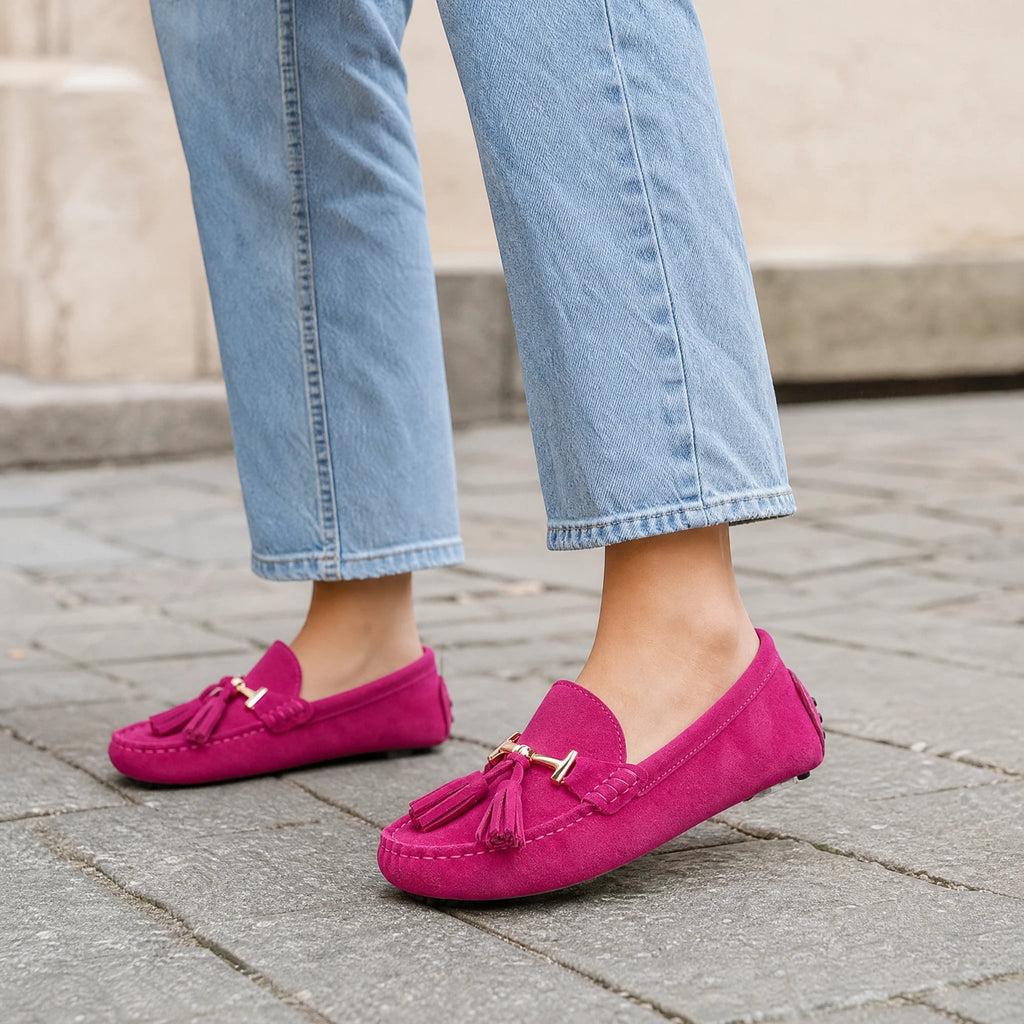 Women's leather tassel loafer with gold bit, lilac top view