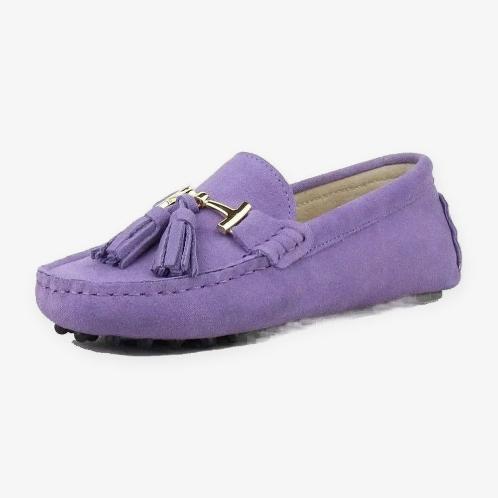 Women's leather tassel loafer with gold bit, orange pair seen from above