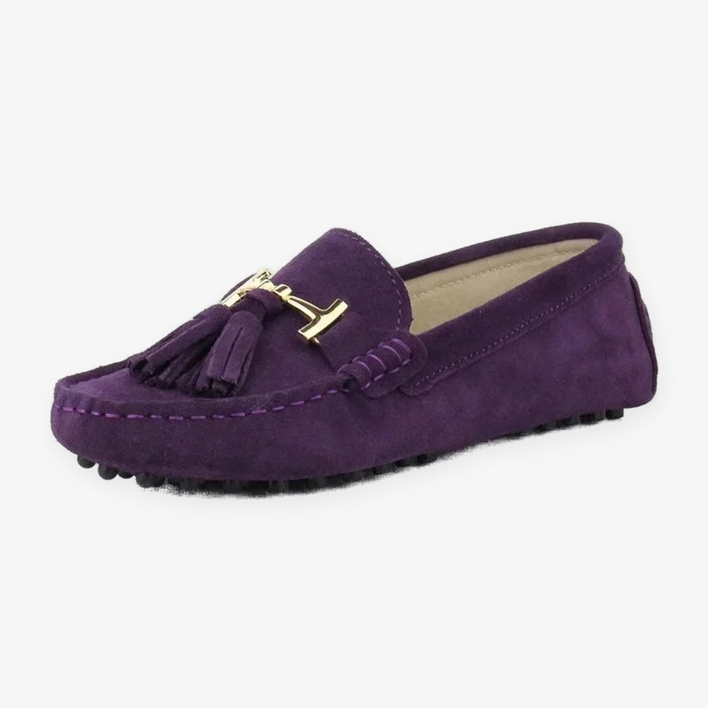 Women's leather tassel loafer with gold bit, yellow detail of the upper