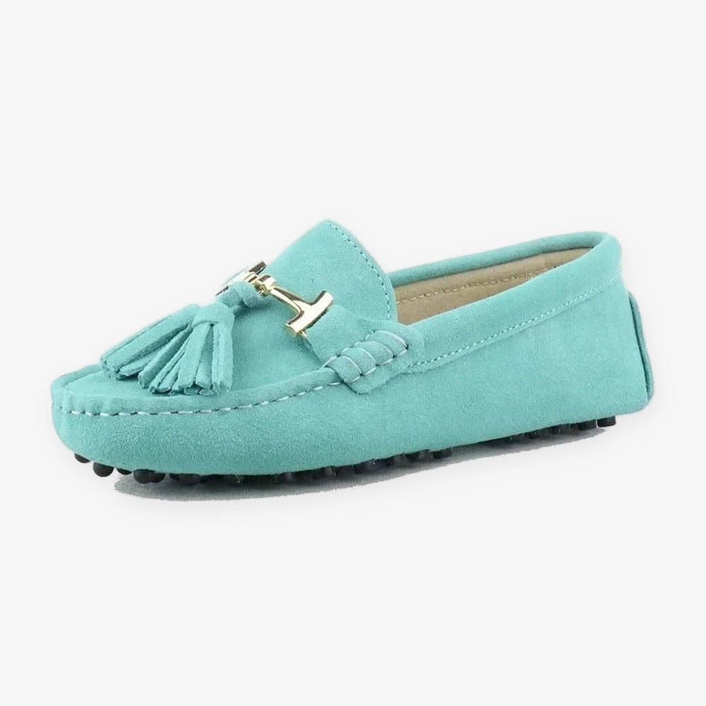 Women's leather tassel loafer with gold bit, fuchsia inner view