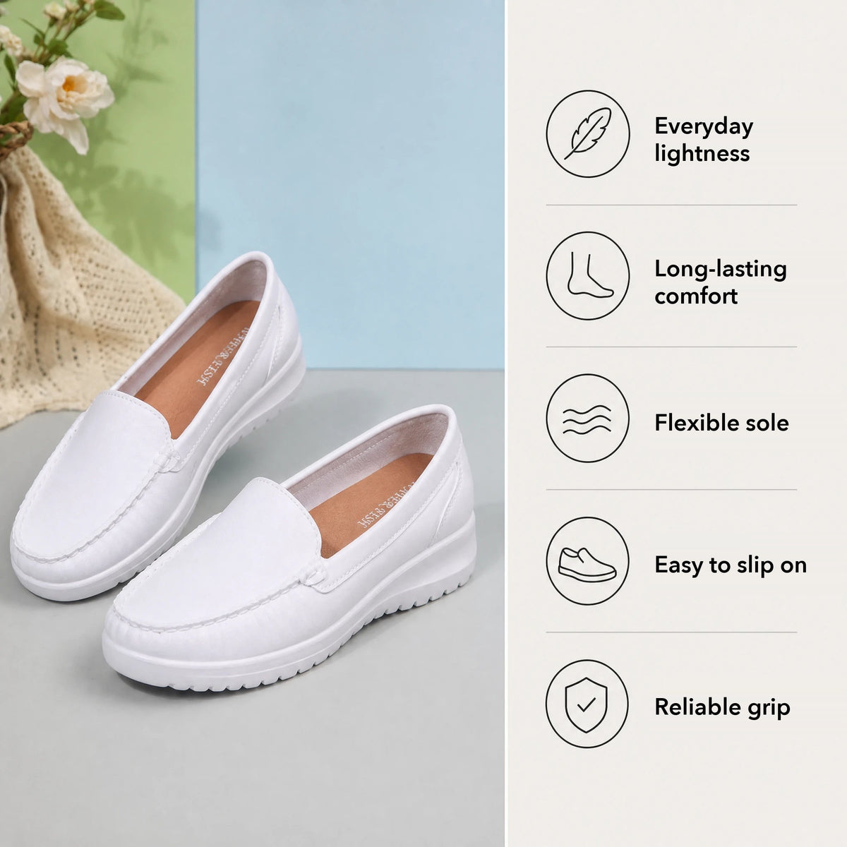Women's comfort loafers with soft sole in White, sole view