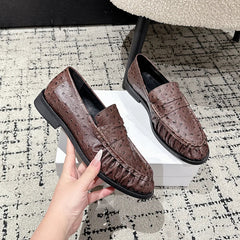Women's Croc-Effect Penny Loafers, Refined Look, Brown ostrich