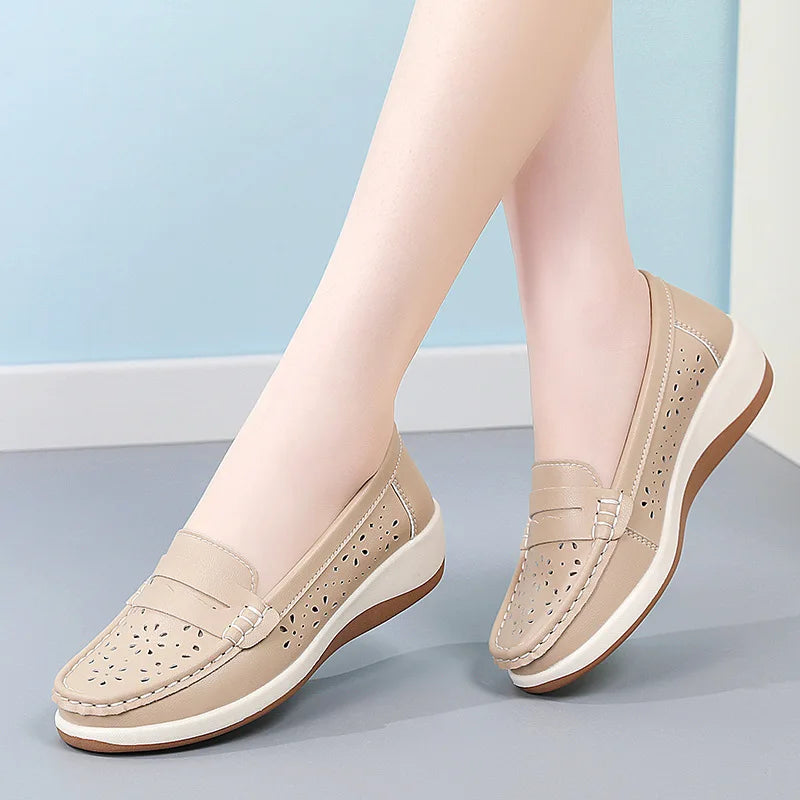 Women's cutout wedge loafers with floral pattern, view 4