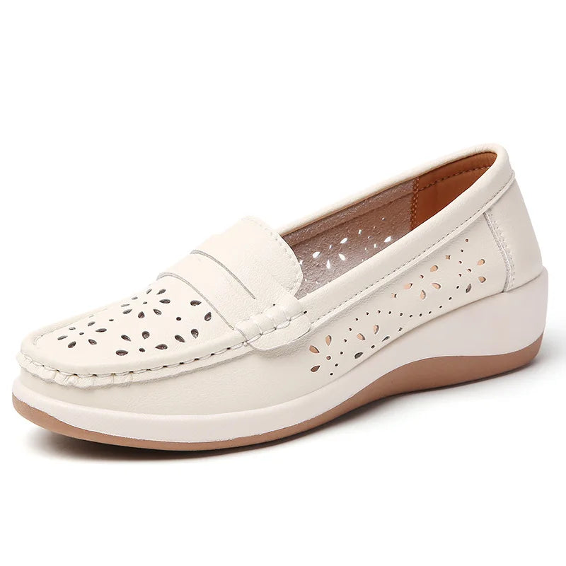 Women's cutout wedge loafers with floral pattern, view 6