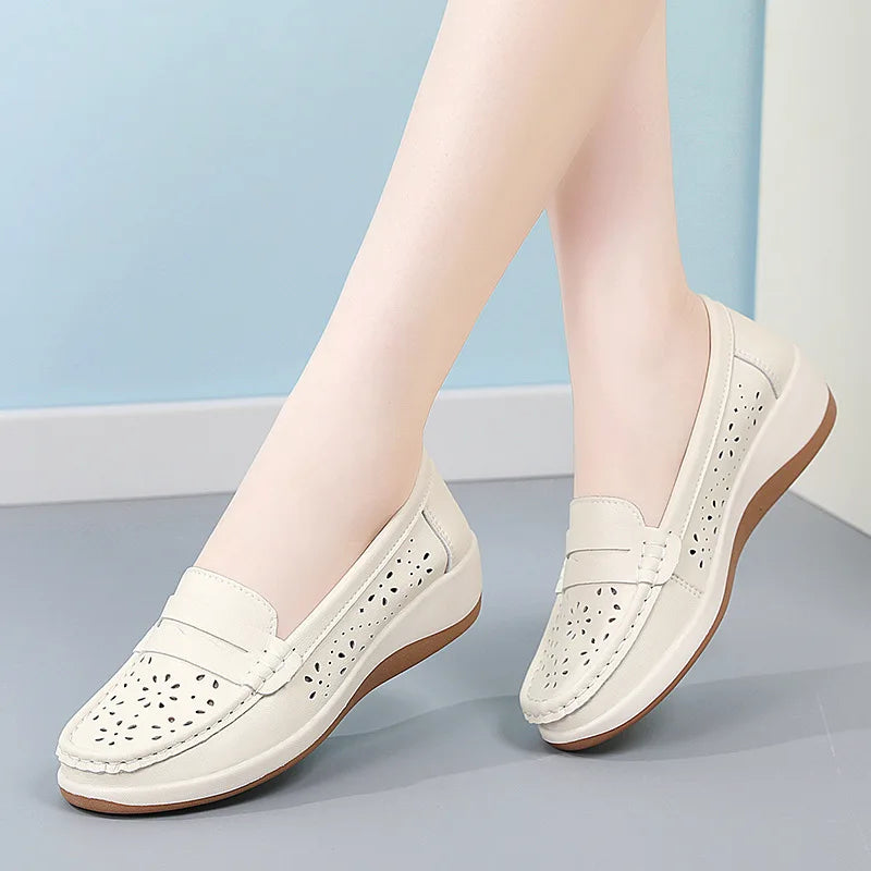 Women's cutout wedge loafers with floral pattern, view 9