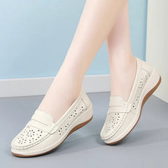 Women's Cutout Wedge Loafers with Floral Pattern, White