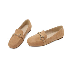 Women's Faux Suede Loafers with Gold Bit and Square Toe, Apricot