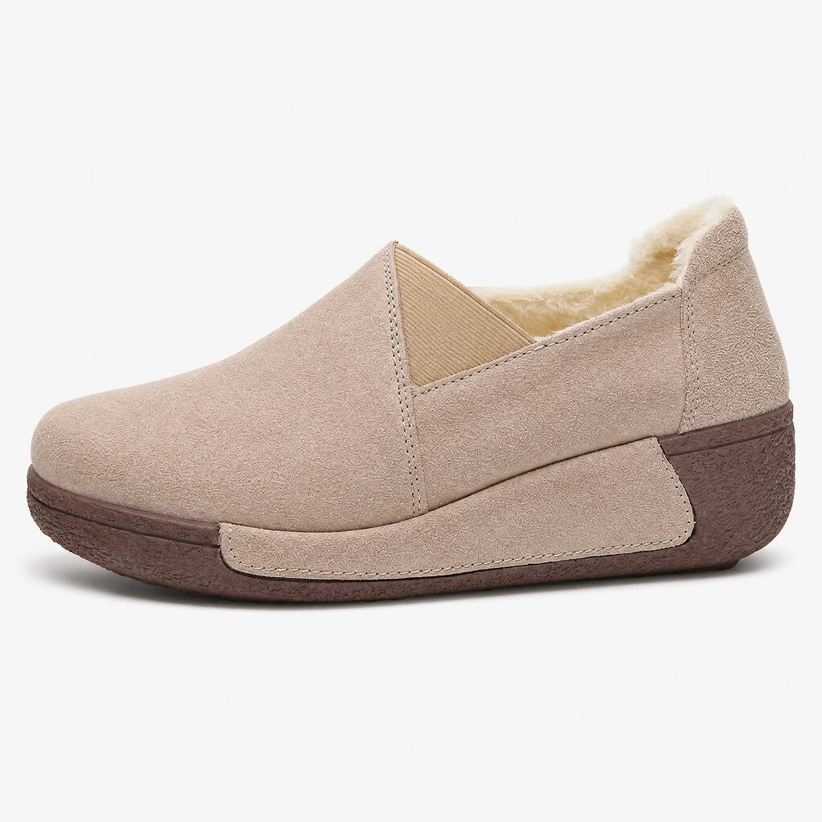 Women's fleece-lined suede platform loafers, side view