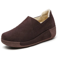 Women's Fleece-Lined Suede Leather Platform Loafers, Brown