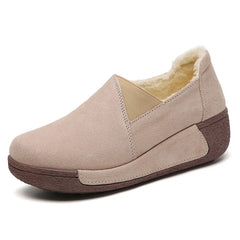 Women's Fleece-Lined Suede Leather Platform Loafers, Beige