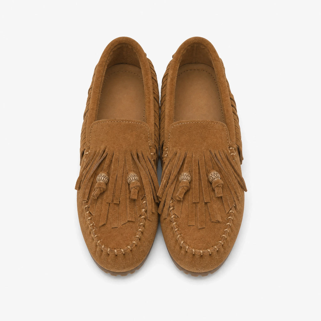Women's camel faux suede fringe moccasins, side view