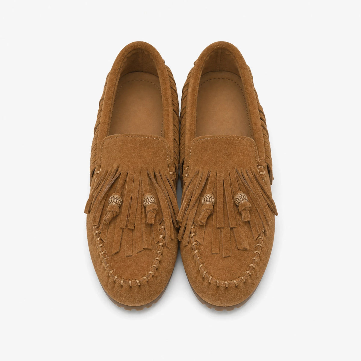 Women's camel faux suede fringe moccasins, side view